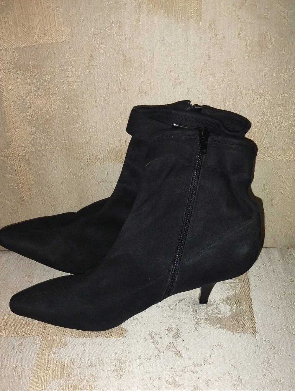 BCBGirls Black Suede Pointed Toe Ankle Boots with Buckle